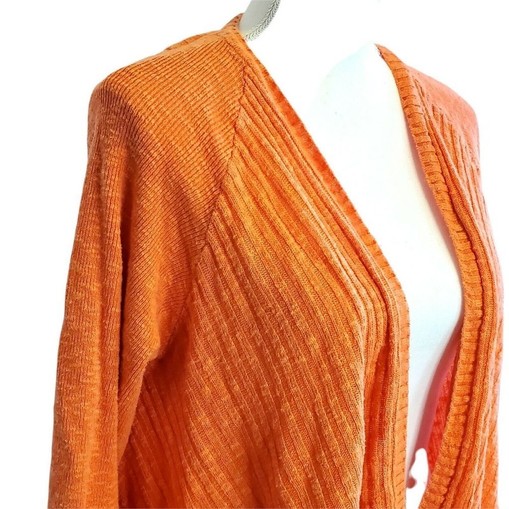 J Jill Size Medium Orange Ribbed Open Front Cardigan Sweater Linen Blend - Picture 2 of 8
